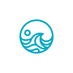 A minimalist circular logo featuring stylized blue ocean waves and a small sun or moon against a white background, representing nature and tranquility.