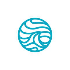 A circular logo featuring abstract wavy teal lines on a white background, suggesting water or fluid motion.