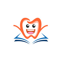 Happy cartoon tooth character with outstretched arms sitting on an open book, symbolizing dental education and learning.