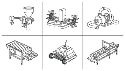 Illustrative Line Art: Assorted Industrial Machinery Depicted in Detail.