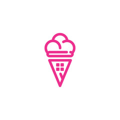 A minimalist pink line art logo combining an ice cream scoop and a house within a cone, representing sweet home or real estate.