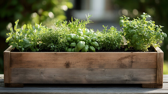 Freshly grown herbs in a rustic wooden planter, set against a serene garden backdrop with soft sunlight - Powered by Adobe