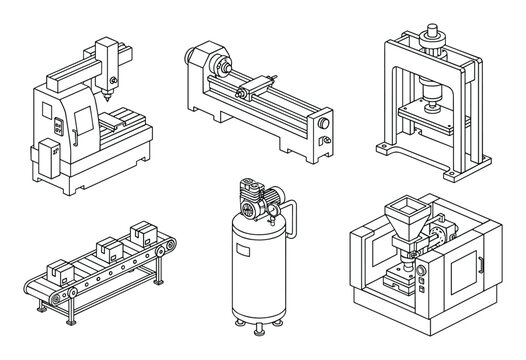 Detailed Line Art Collection of Industrial Machines and Equipment Designs