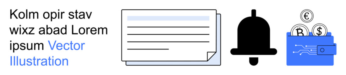 Obraz premium Finance management, digital banking, online payments, notifications, fintech solutions, cybersecurity. Envelope, bell icon and wallet with coins. Finance management and digital banking