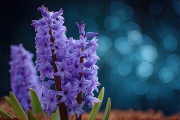 Two purple hyacinth flower stalks with bokeh backdrop and ground leaves closeup view