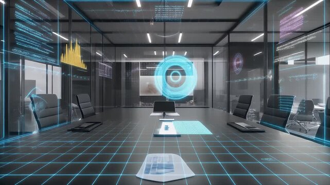 A modern conference room features glowing blue data visualizations overlaying a table. Several black leather chairs are placed around the table