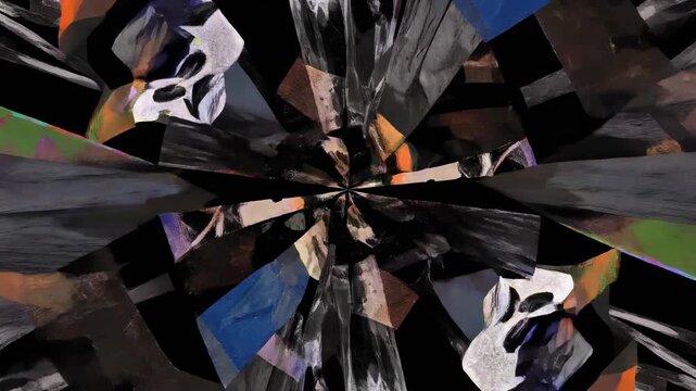 Abstract dark kaleidoscope pattern with fragmented geometric shapes. Modern grunge aesthetic with splashes of color on a black backdrop. Seamless banner for creative digital projects