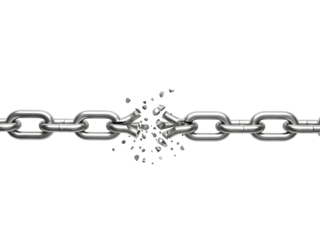 Fractured Metal Chain: Breaking Point, Weakness, Freedom, Security Breach, Disruption on white background