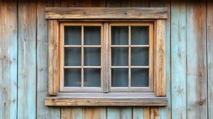 Fototapeta premium Rustic wooden window, cabin exterior, weathered wood, peaceful background, home decor
