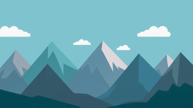 Minimalistic flat design vector illustration of a serene mountain range under a clear blue sky with fluffy white clouds, representing nature's calm and majestic beauty