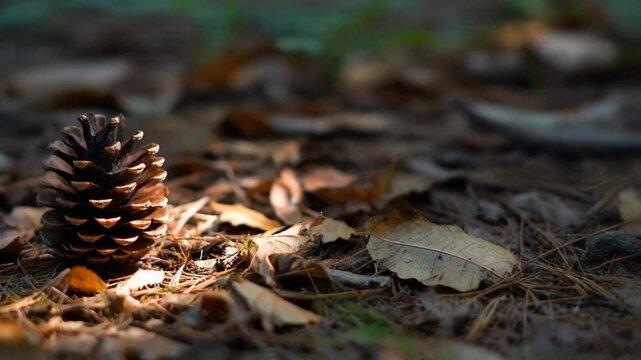 Close-up of a pine cone on a forest floor illuminated by sunlight, with fallen leaves and pine needles scattered around