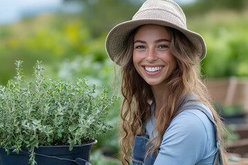Young woman with long hair smiling while holding a pot of fresh herbs in a vibrant garden setting