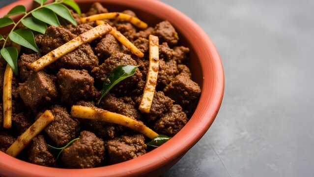 Delicious beef fry with curry leaves and ginger sticks served in a clay pot