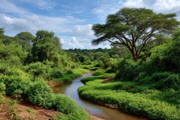 Winding stream through lush green vegetation under partly cloudy sky