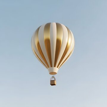 Elegant hot air balloon with gold and white stripes floats serenely in a clear blue sky