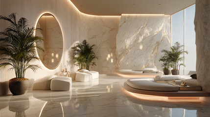 Cloud Dancer Luxurious Spa Interior with Marble Walls, Warm Lighting, and Tropical Plants Colour of the Year 2026