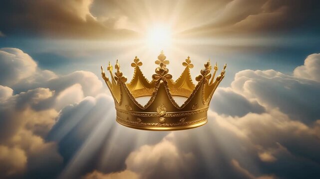 A majestic golden crown floats in a divine sky with sunbeams shining through the clouds. Religious concept of the heavenly kingdom, spiritual authority, and god's reign