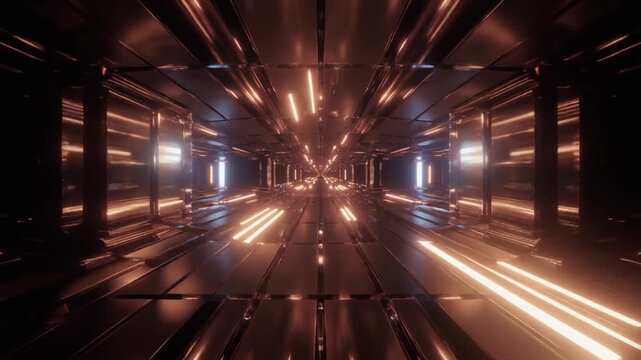 Elegant and Sophisticated Sci-Fi Corridor: Seamless Loop 3D Animation Featuring Glossy Metal Textures and Dramatic Golden Lighting for Premium Branding