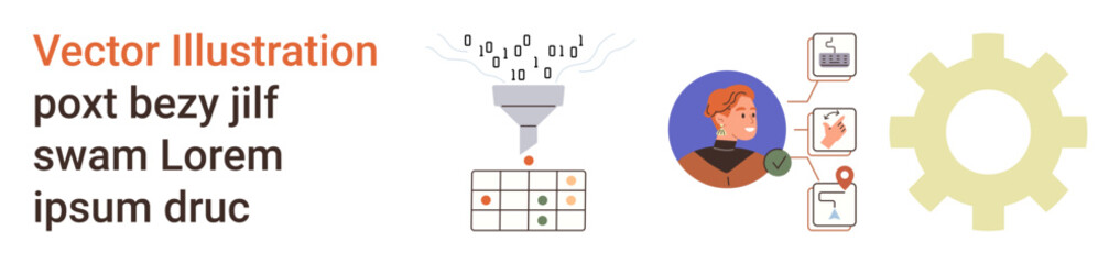 Naklejka premium Digital processes, automation, machine learning, systems integration, digital communication, team management. Funnel processing data into a table, user icon with connections gear. Data processing