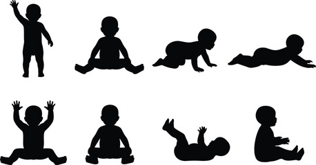 Black Silhouette Vector Illustration Set of Baby Infant Poses Including Sitting, Standing, Crawling, and Lying Down, Representing Early Childhood Development and Growth