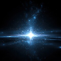A bright glowing blue and white light is the focus surrounded by small light particles in the darkness