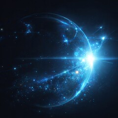 A blue radiant orb with starbursts and cosmic dust set against a dark space background