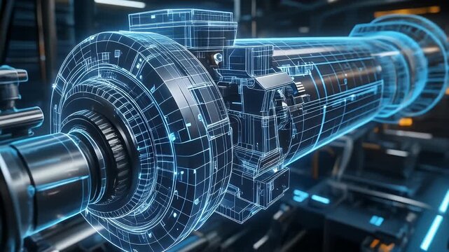 A technical illustration of a cylindrical machine component with a glowing blue wireframe overlay. It's set in a dark environment with blurred elements