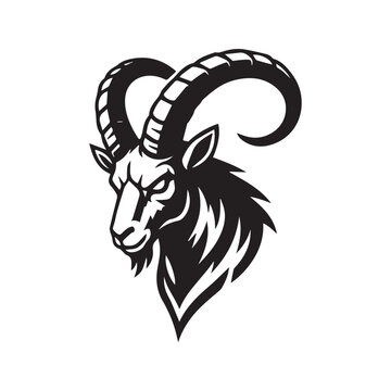 Powerful Ibex Head Logo. Stylized black silhouette of a mountain goat or ram. Vector graphic icon for a sports team mascot, tribal tattoo, or Capricorn zodiac symbol
