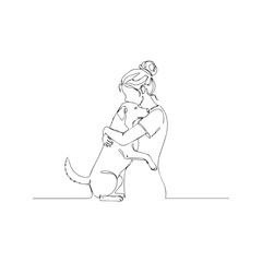 Continuous one line drawing of a woman hugging a dog. Minimalist vector illustration of a girl embracing her pet with love. Abstract sketch design symbolizing friendship and loyalty.
