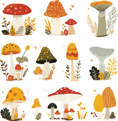 Isolated of mushrooms different mushrooms and plants. Cute wild forest fungus. Autumn stickers. Flat design. Vector illustration