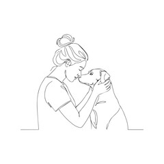 Continuous one line drawing of a woman hugging a dog. Minimalist vector illustration of a girl embracing her pet with love. Abstract sketch design symbolizing friendship and loyalty.
