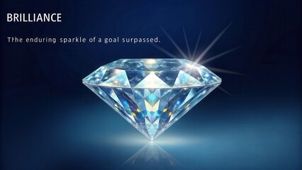 A large, perfectly cut diamond shimmering with reflected light on a dark blue background, symbolizing achievement and luxury.