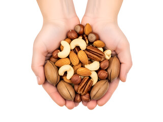 Hands Holding Assorted Nuts on white background