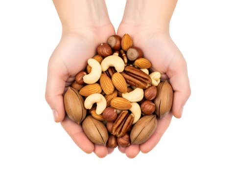 Hands Holding Assorted Nuts on white background - Powered by Adobe