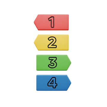 Colorful step labels numbered one to four representing workflow, progress stages, ranking system, and process visualization, isolated on a transparent background, png, cutout