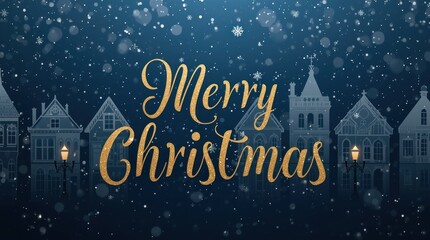 Merry Christmas text Snowy Victorian Village Silhouette