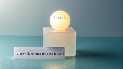 A glowing sphere labeled 'Insight' rests atop a translucent cube, illuminating a subtle message about guidance.