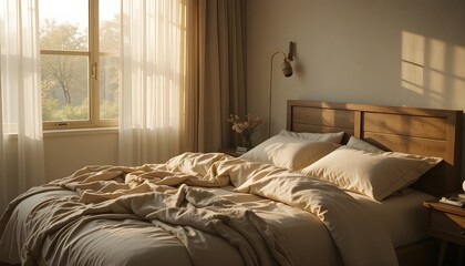 Soft golden morning light spreading across a neutral linen bed