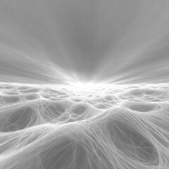 A grayscale landscape shows a field of ridges under a radiant hazy sky