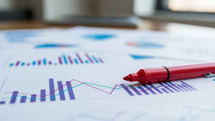 Closeup of business report with bar charts, line graphs, and a red marker pen on a desk, symbolizing financial analysis and planning