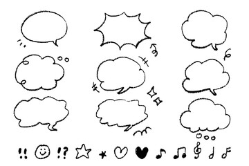 クレヨン風手描き吹き出しセット 線画の漫画スピーチバブルと感情アイコン素材