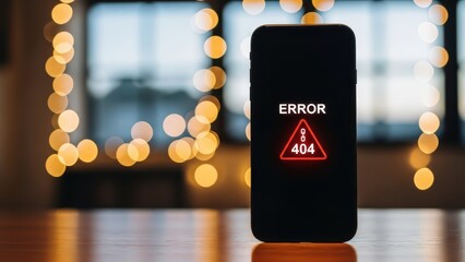Smartphone displaying a 404 error message on screen with bokeh lights in the background