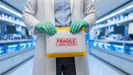 Scientist or pharmacist in lab coat holding fragile package in modern pharmacy or laboratory setting