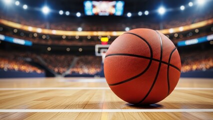 Closeup of a textured orange basketball resting on a polished wooden court in a brightly lit indoor stadium arena with blurred audience seating in the background