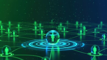Digital network of people connected in a futuristic global business or social media concept with glowing green and blue lights