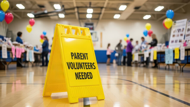 Yellow aframe sign reading parent volunteers needed at school gymnasium event with people and balloons