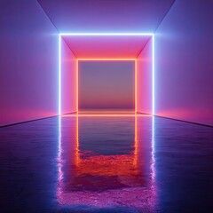 A neonlit portallike structure with vibrant pink and orange light reflecting off a glossy waterlike surface in a futuristic hall