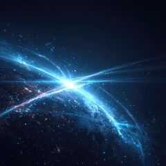 A planet viewed from space with bright blue streaks emanating from a central point