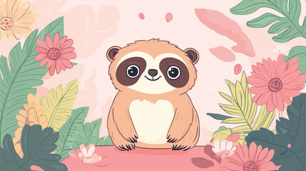Naklejka premium Adorable Sloth Illustration Surrounded by Tropical Flowers and Foliage.
