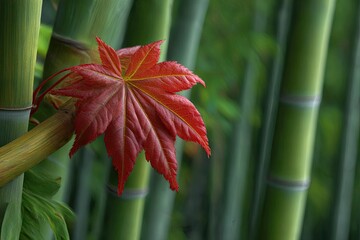 A red maple leaf attached to a bamboo stalk with a backdrop of multiple bamboo shoots